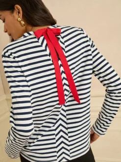 Love & Roses Navy Stripe Tie Back Embroidered Bisou Long Sleeve Jersey Top