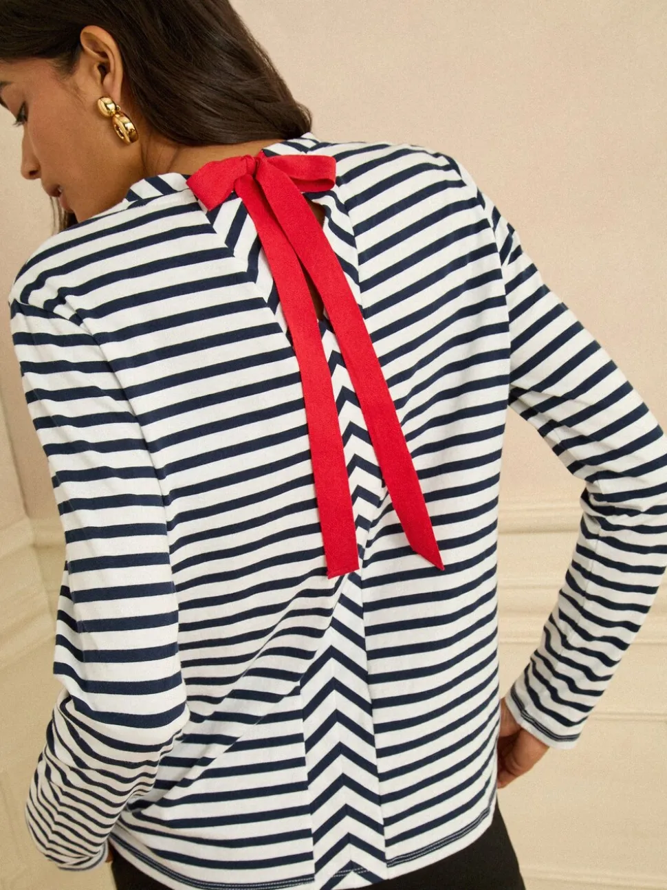Love & Roses Navy Stripe Tie Back Embroidered Bisou Long Sleeve Jersey Top
