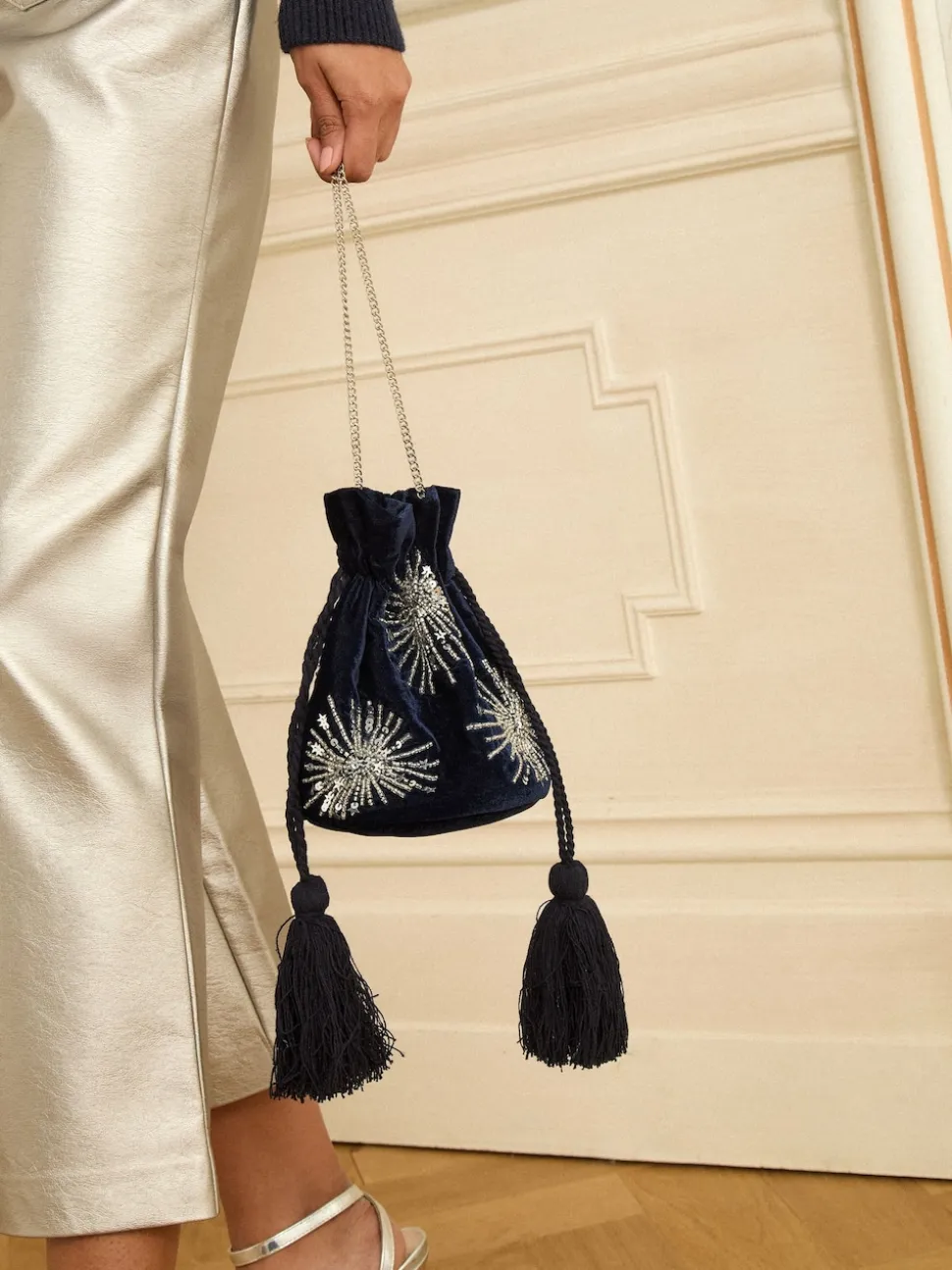 Love & Roses Navy Velvet Sequin Embellished Pouch Bag