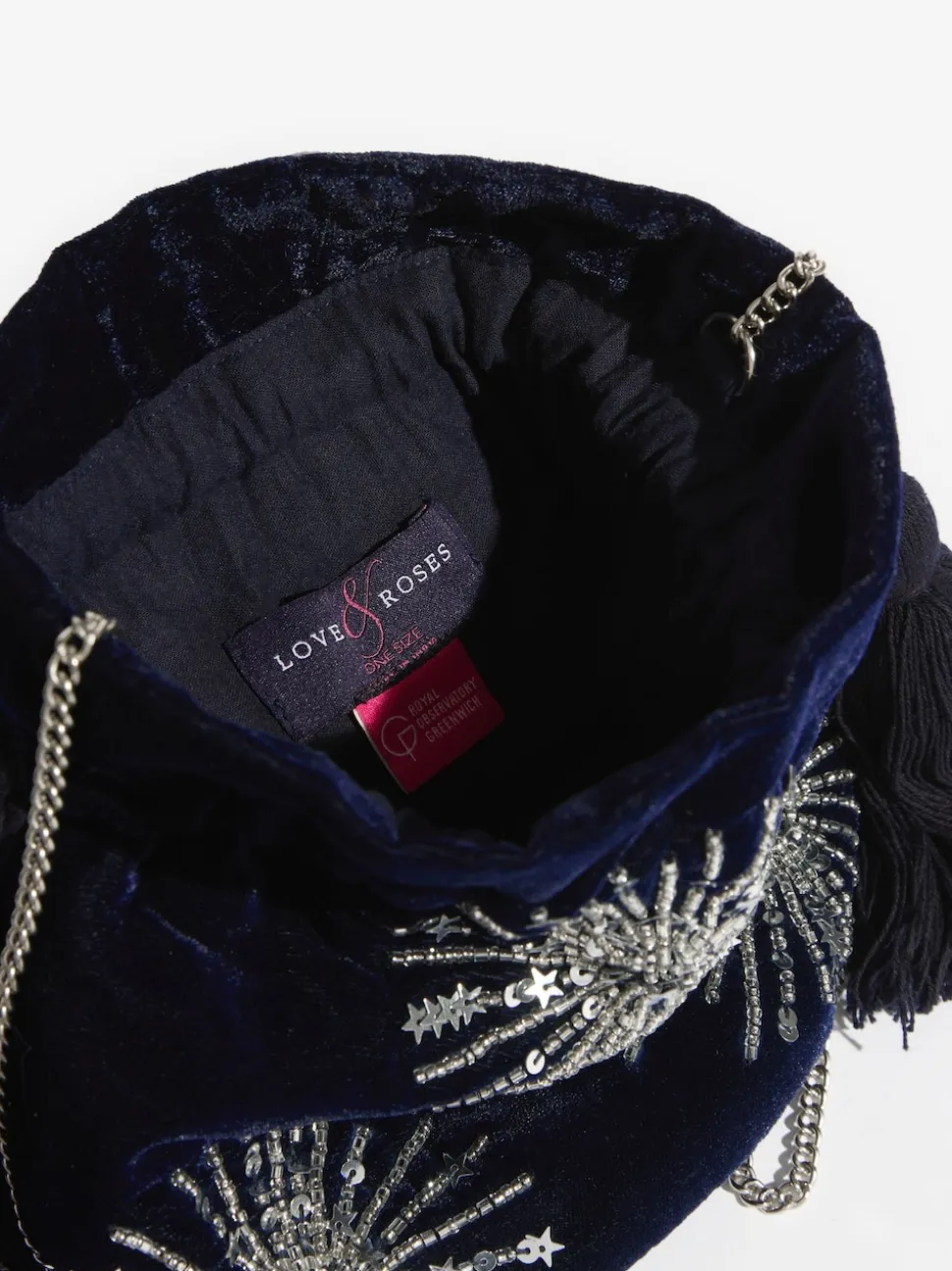 Love & Roses Navy Velvet Sequin Embellished Pouch Bag