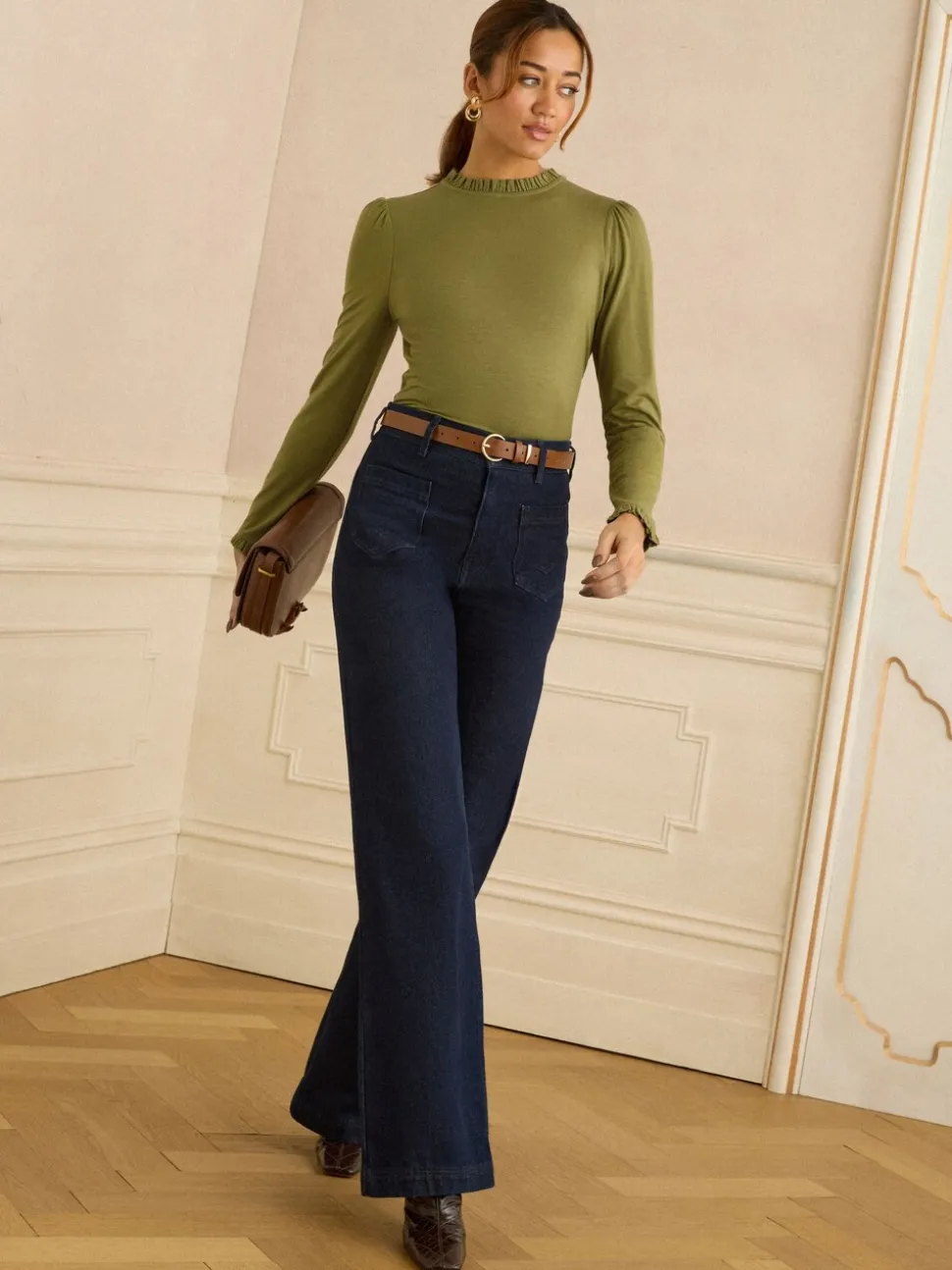 Love & Roses Olive Green Frill Neck Long Sleeve Jersey Top
