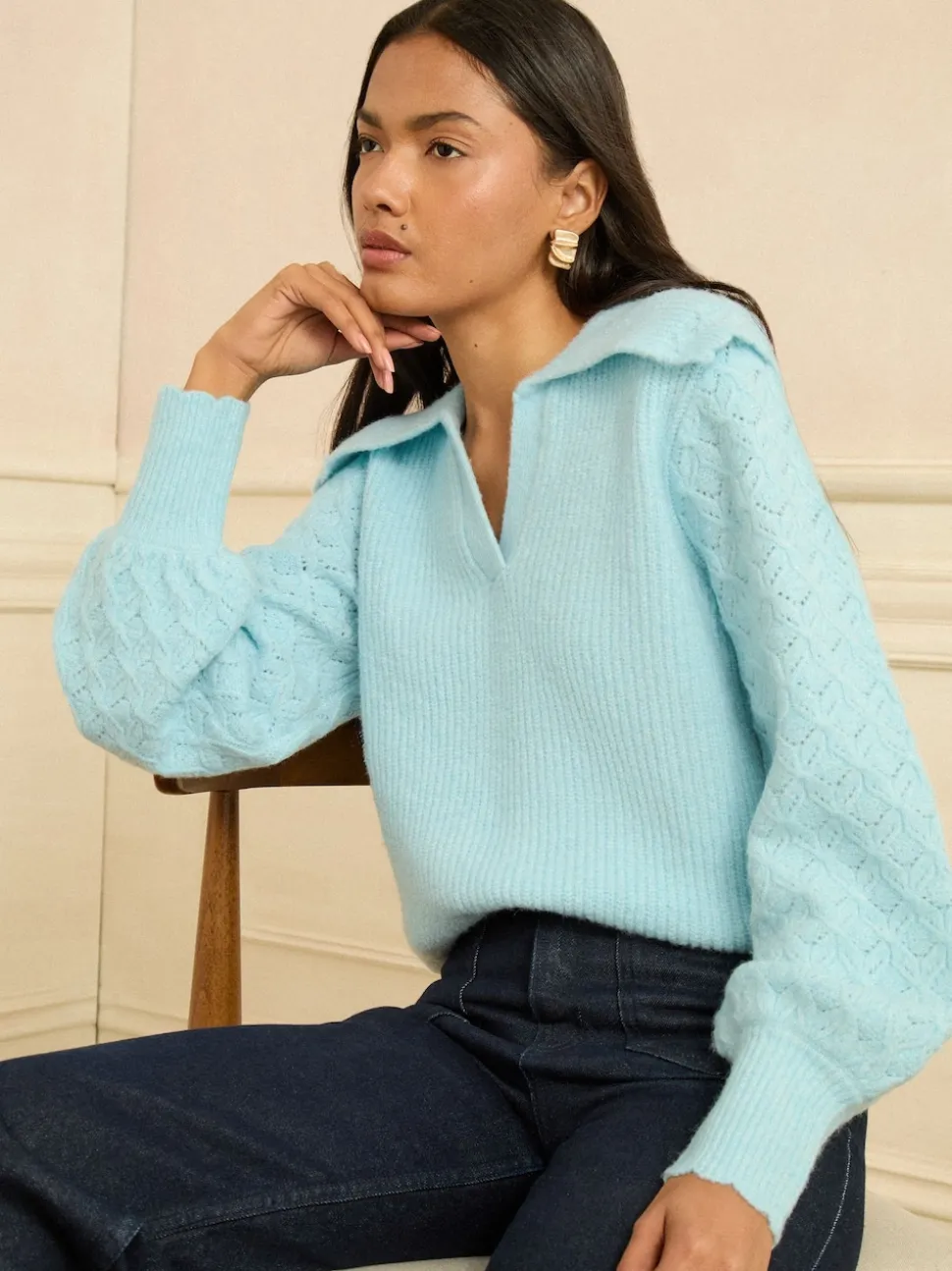 Love & Roses Pale Blue Knitted Collared Jumper