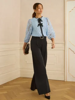Love & Roses Pale Blue Lace 3/4 Sleeve Bow Detail Blouse