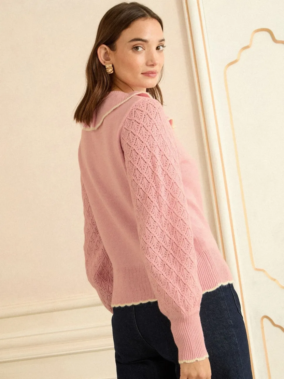 Love & Roses Pale Pink Cosy Pointelle Sleeve Collard Top
