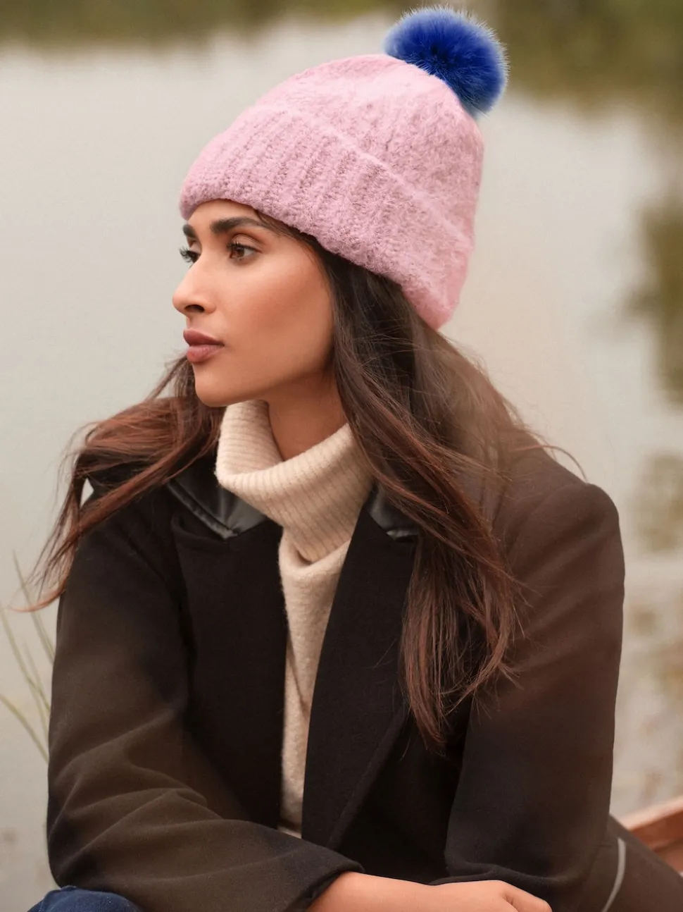 Love & Roses Pink and Blue Constrast Cosy Pom Hat