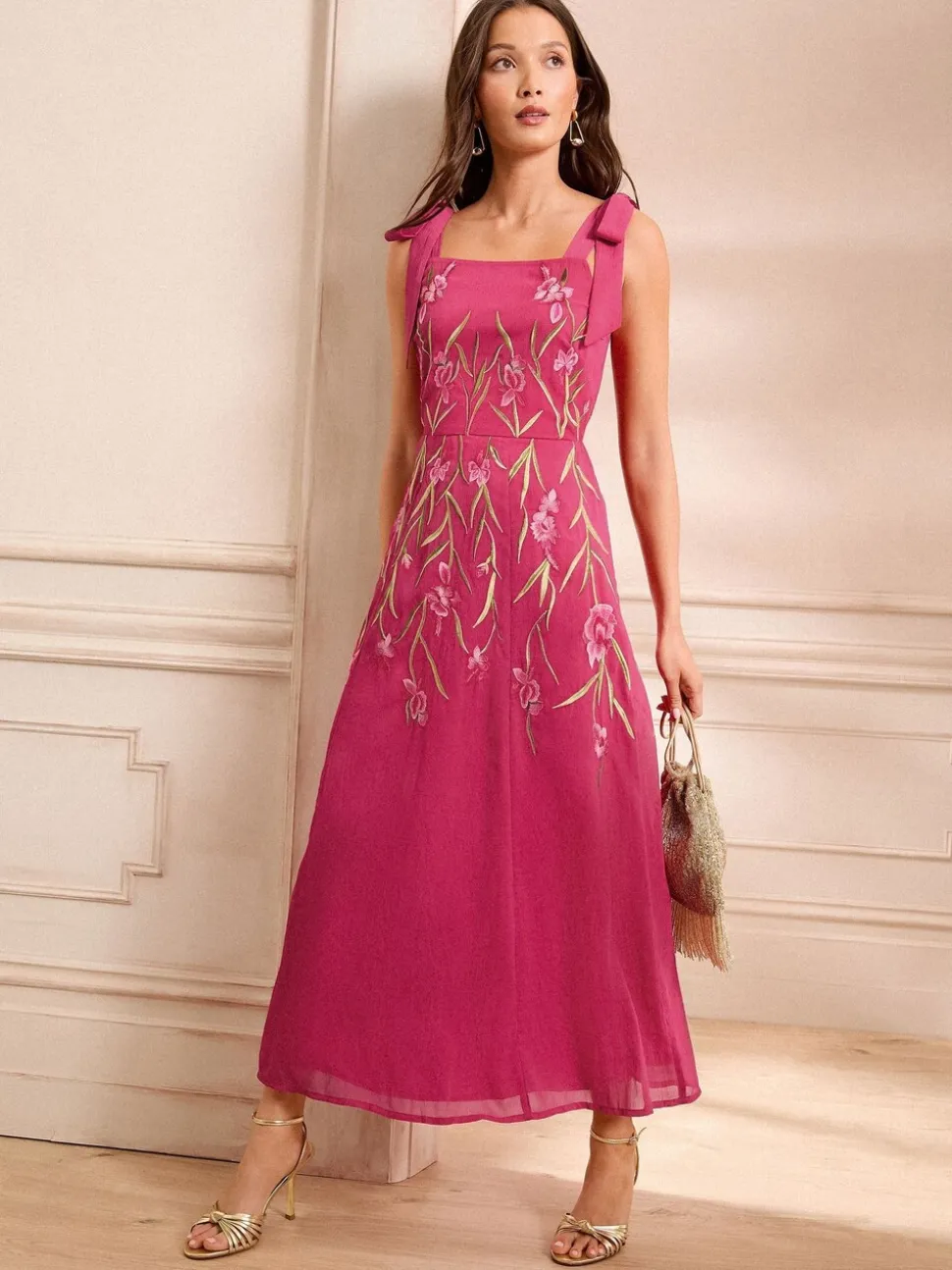 Love & Roses Pink Floral Print Embroidered Tie Shoulder Midaxi Dress