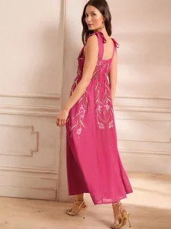 Love & Roses Pink Floral Print Embroidered Tie Shoulder Midaxi Dress