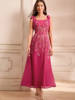 Love & Roses Pink Floral Print Embroidered Tie Shoulder Midaxi Dress