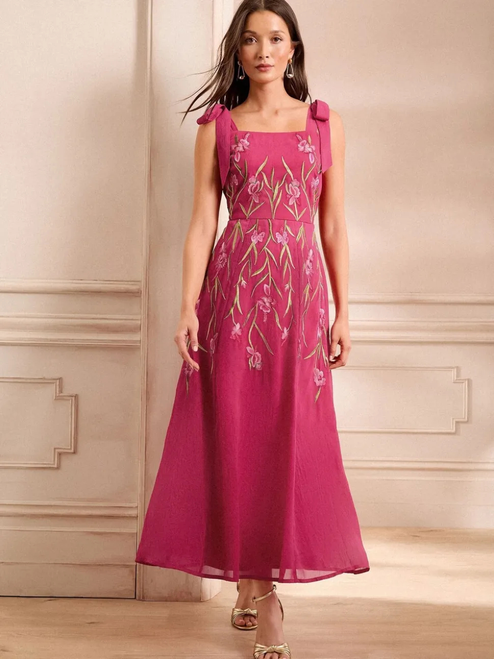 Love & Roses Pink Floral Print Embroidered Tie Shoulder Midaxi Dress