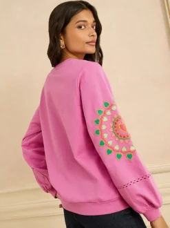 Love & Roses Pink Heart Ric Rac Embroidered Sweat Top