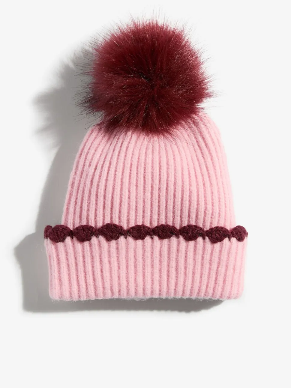 Love & Roses Pink Scallop Trim Ribbed Pom Hat and Gloves Set