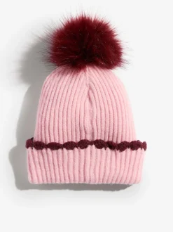 Love & Roses Pink Scallop Trim Ribbed Pom Hat and Gloves Set