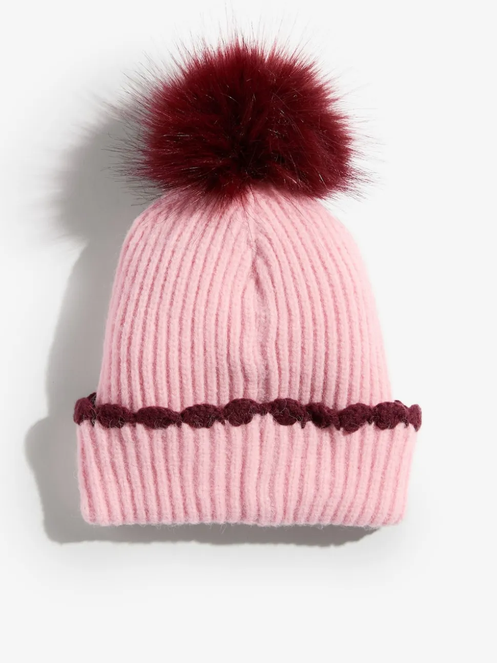 Love & Roses Pink Scallop Trim Ribbed Pom Hat and Gloves Set