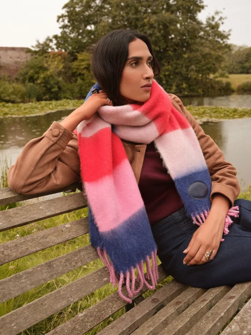 Love & Roses Pink/Blue Stripe Brushed Scarf
