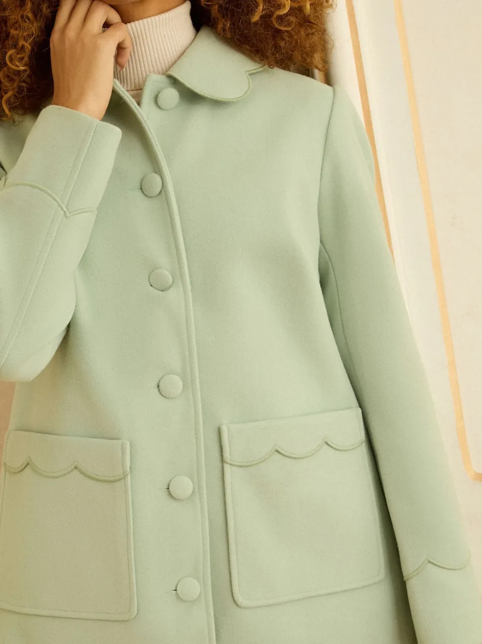 Love & Roses Pistashio Green Mid Length Scallop Trim Dolly Coat
