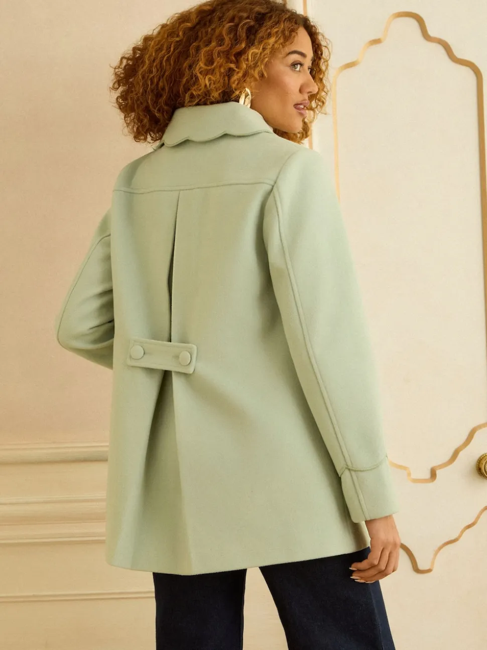 Love & Roses Pistashio Green Mid Length Scallop Trim Dolly Coat