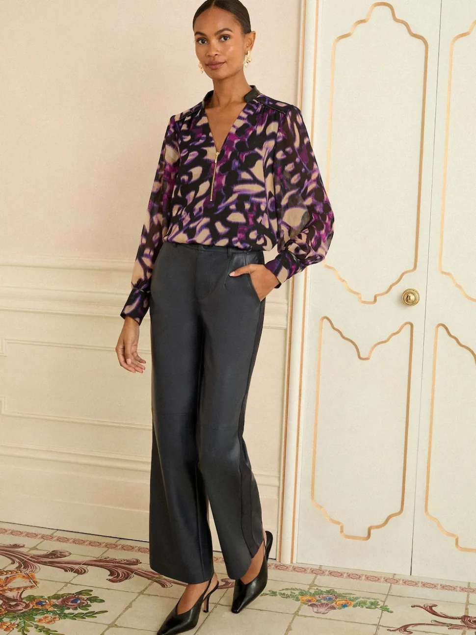 Love & Roses Purple Animal Long Sleeve Zip Front Blouse