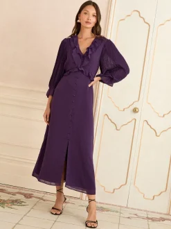 Love & Roses Purple Pleated Ruffle Midi Dress