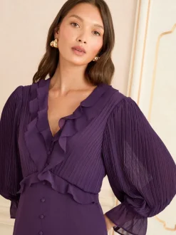 Love & Roses Purple Pleated Ruffle Midi Dress