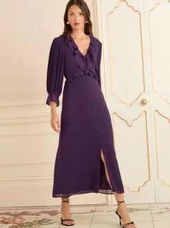 Love & Roses Purple Pleated Ruffle Midi Dress