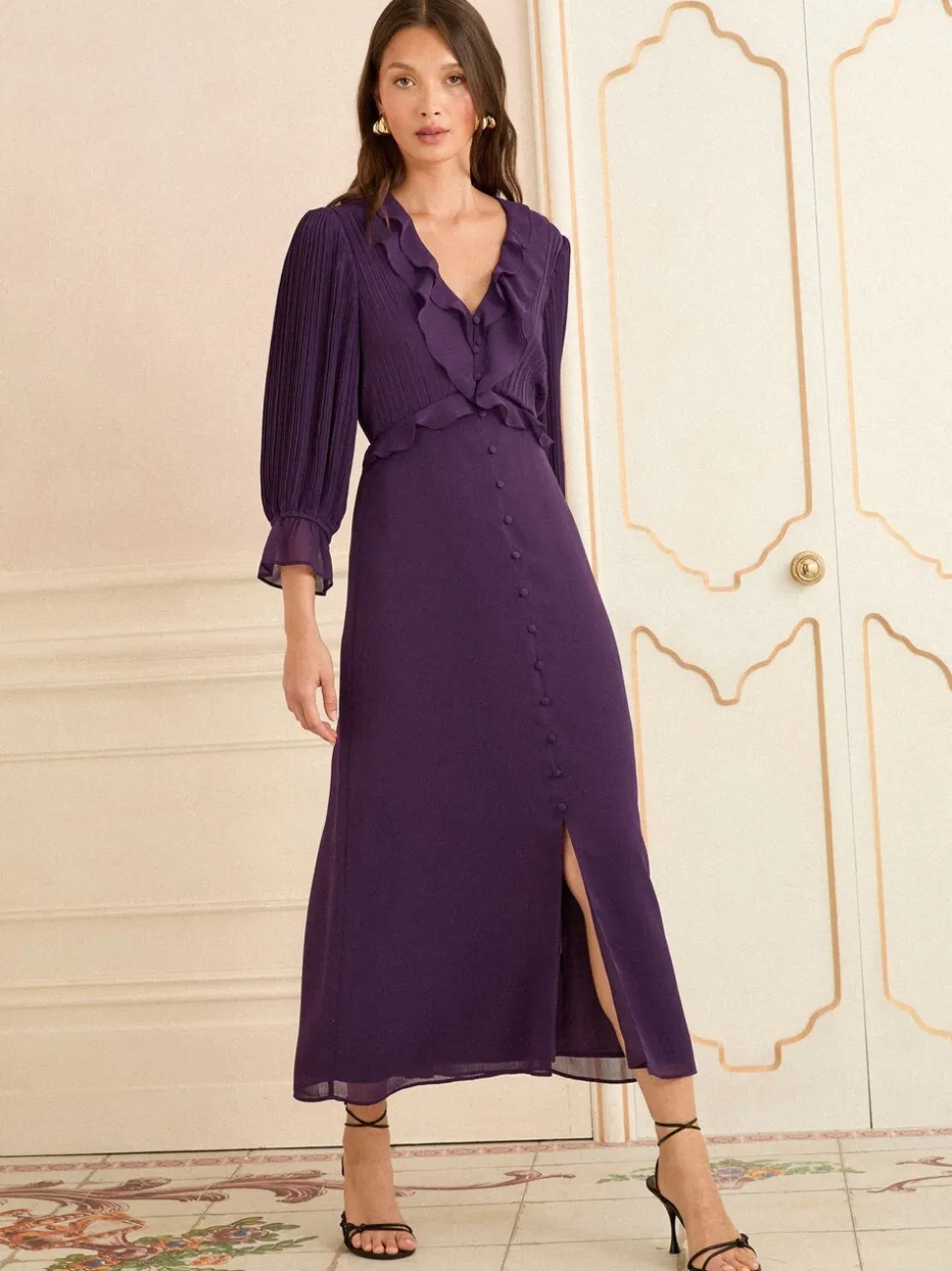 Love & Roses Purple Pleated Ruffle Midi Dress