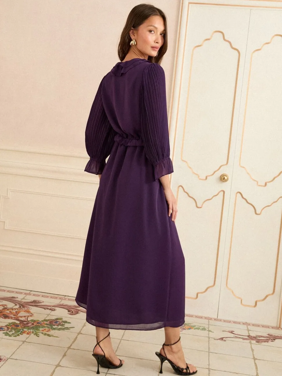 Love & Roses Purple Pleated Ruffle Midi Dress