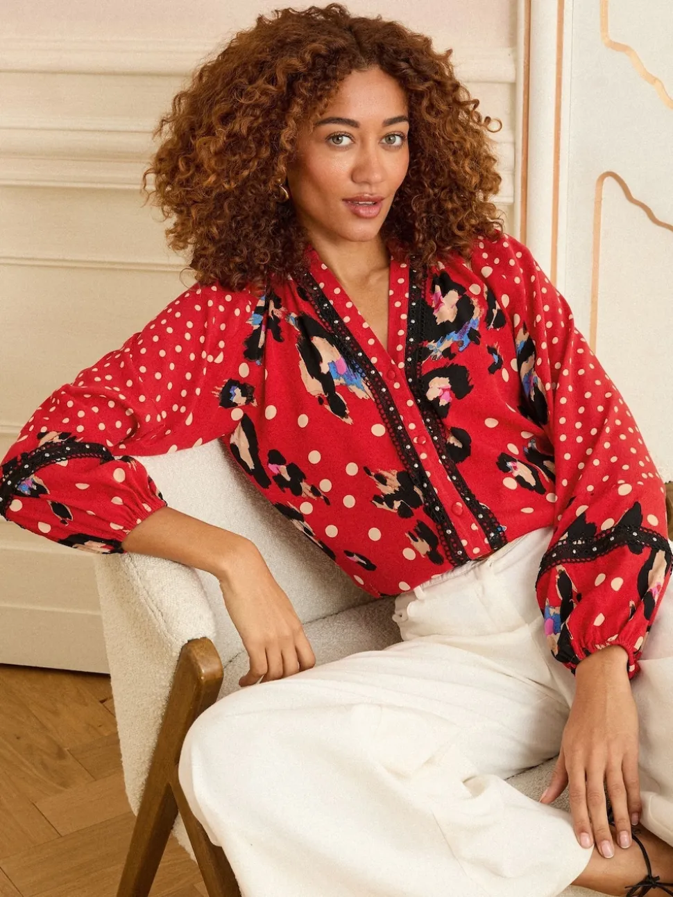 Love & Roses Red Animal Notch Neck Long Sleeve Blouse