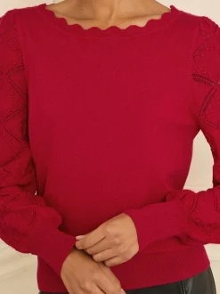 Love & Roses Red Bobble Stitch Scallop Knit Jumper