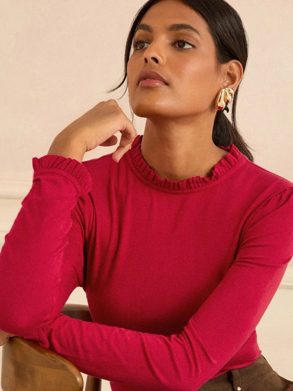 Love & Roses Red Frill Neck Long Sleeve Jersey Top