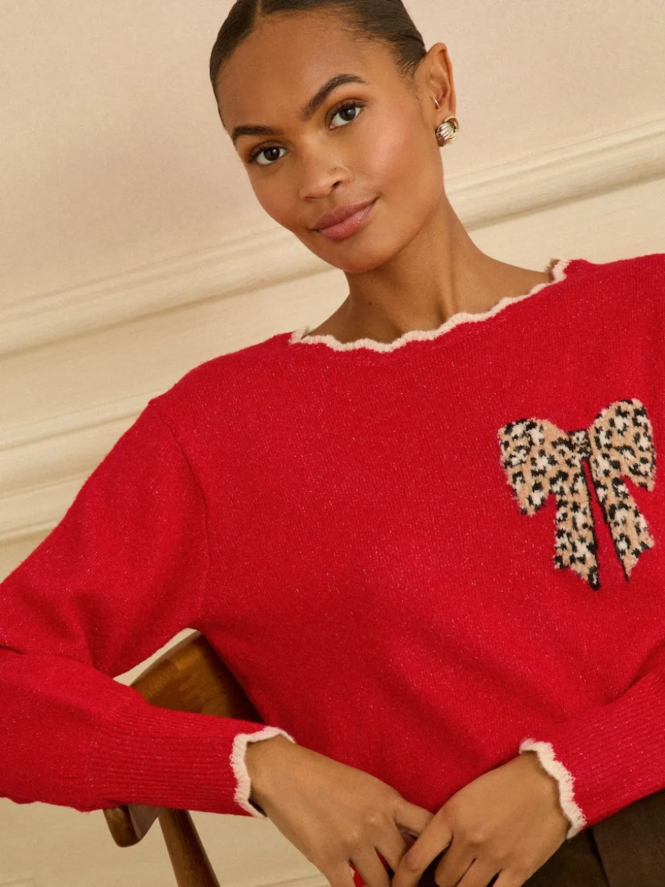 Love & Roses Red Leopard Print Bow Scallop Knitted Jumper