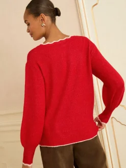 Love & Roses Red Leopard Print Bow Scallop Knitted Jumper