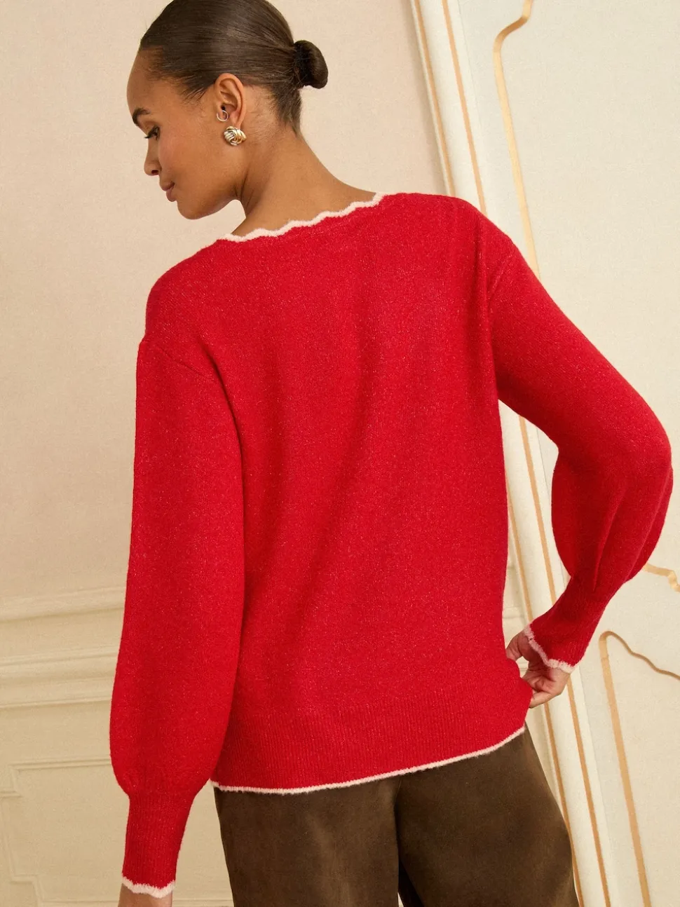 Love & Roses Red Leopard Print Bow Scallop Knitted Jumper