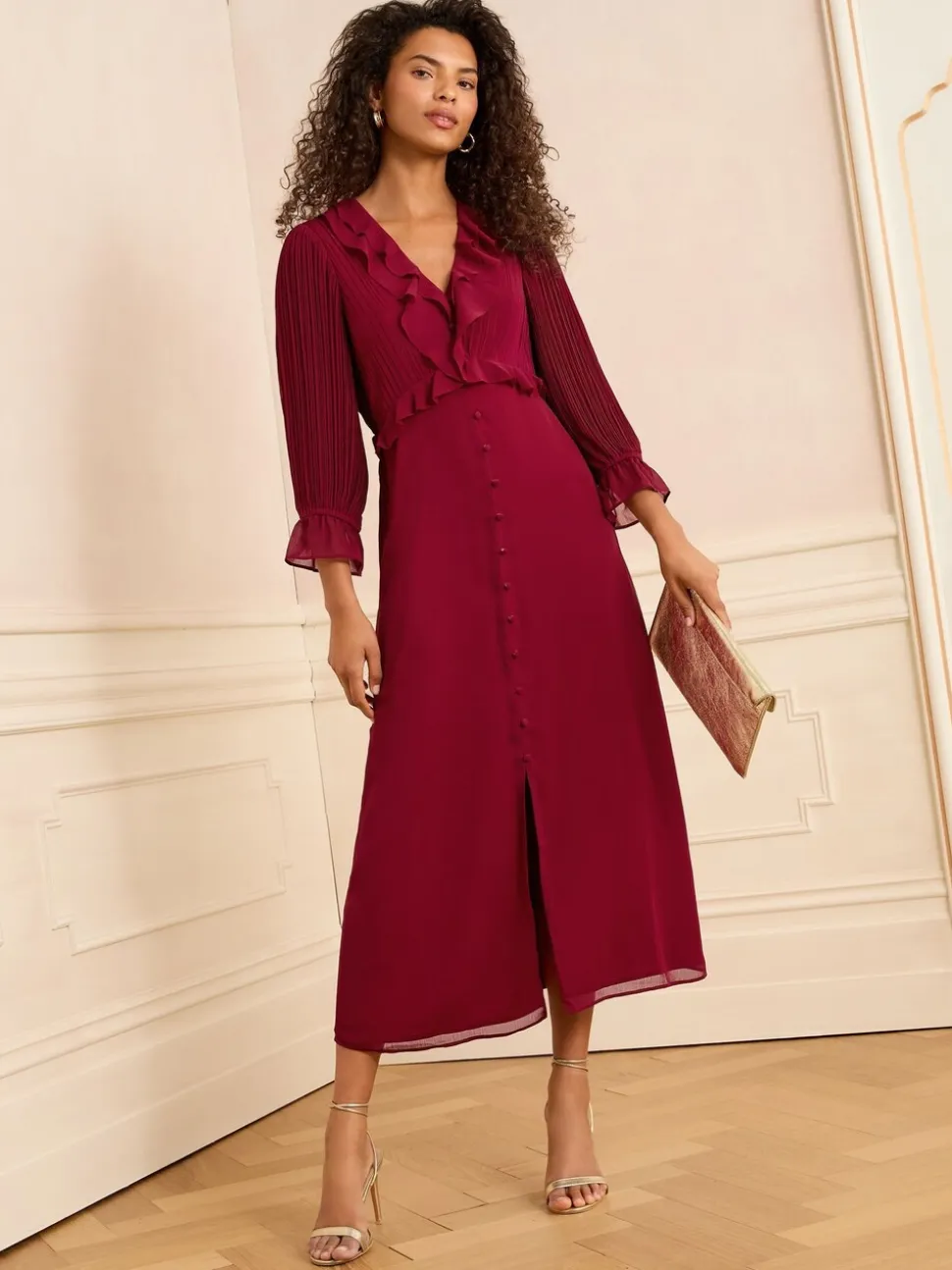 Love & Roses Red Pleated Ruffle Midi Dress