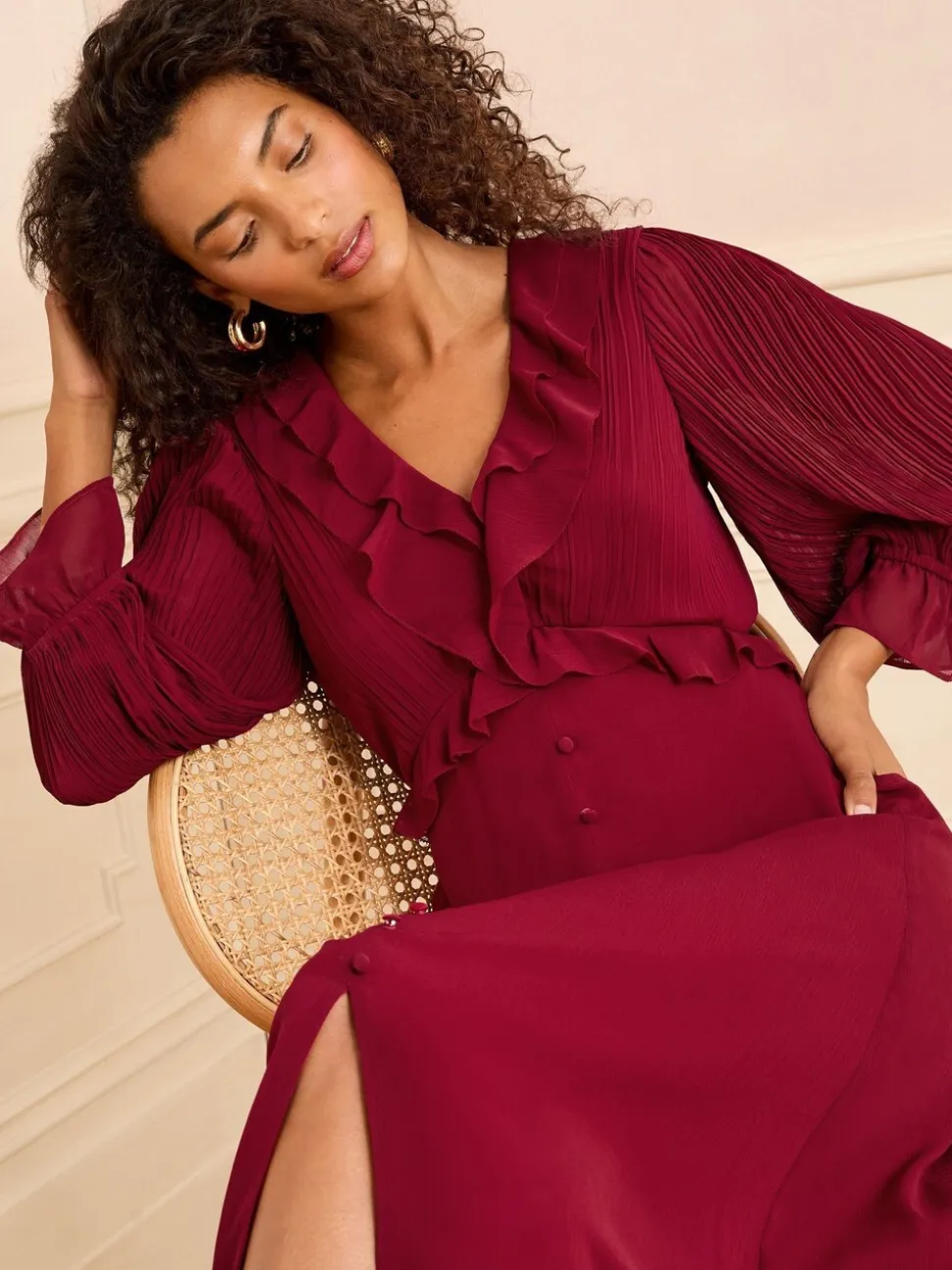 Love & Roses Red Pleated Ruffle Midi Dress