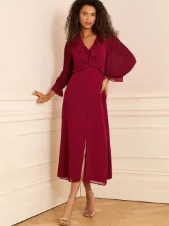 Love & Roses Red Pleated Ruffle Midi Dress