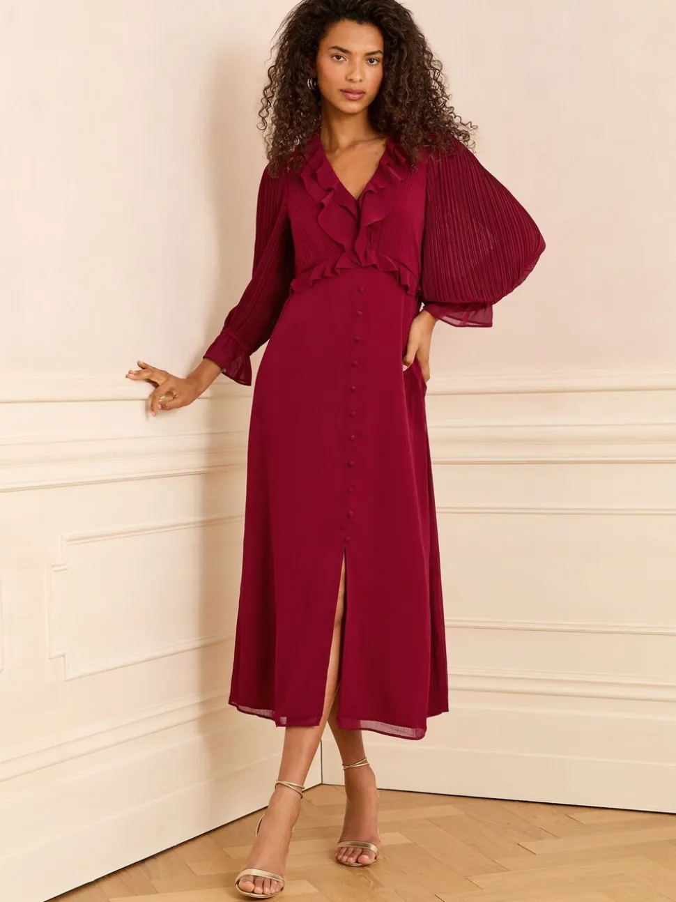 Love & Roses Red Pleated Ruffle Midi Dress