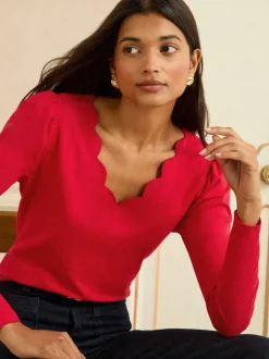Love & Roses Red Scallop V-Neck Long Sleeve Jersey Top