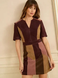 Love & Roses Tan Brown and Pink Faux Suede Mix Mini Dress