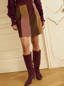 Love & Roses Tan Brown and Pink Faux Suede Patchwork Mini Skirt