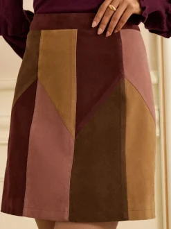Love & Roses Tan Brown and Pink Petite Faux Suede Patchwork Mini Skirt