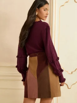 Love & Roses Tan Brown and Pink Petite Faux Suede Patchwork Mini Skirt