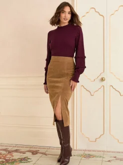 Love & Roses Tan Brown Faux Suede Slit Midi Skirt