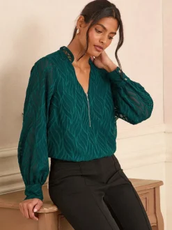 Love & Roses Teal Blue Burnout Long Sleeve Zip Front Blouse