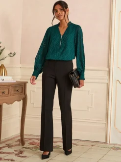 Love & Roses Teal Blue Burnout Long Sleeve Zip Front Blouse