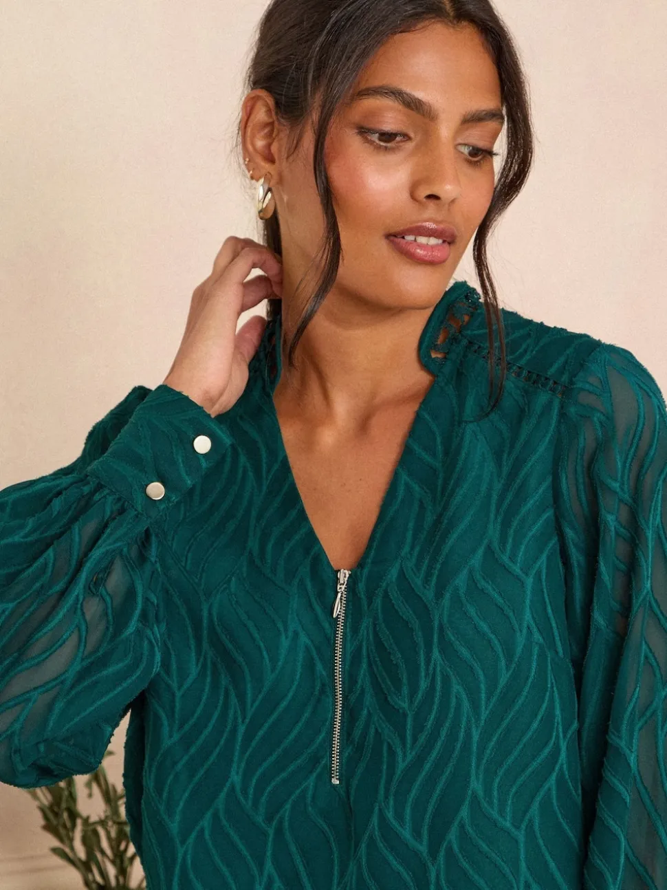 Love & Roses Teal Blue Burnout Long Sleeve Zip Front Blouse