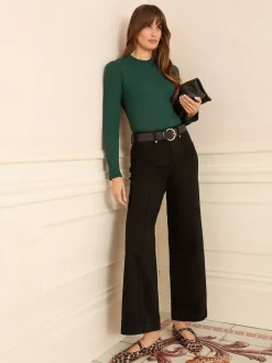 Love & Roses Teal Blue Frill Neck Long Sleeve Jersey Top