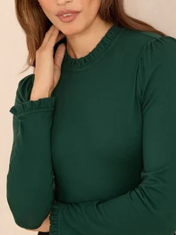 Love & Roses Teal Blue Frill Neck Long Sleeve Jersey Top