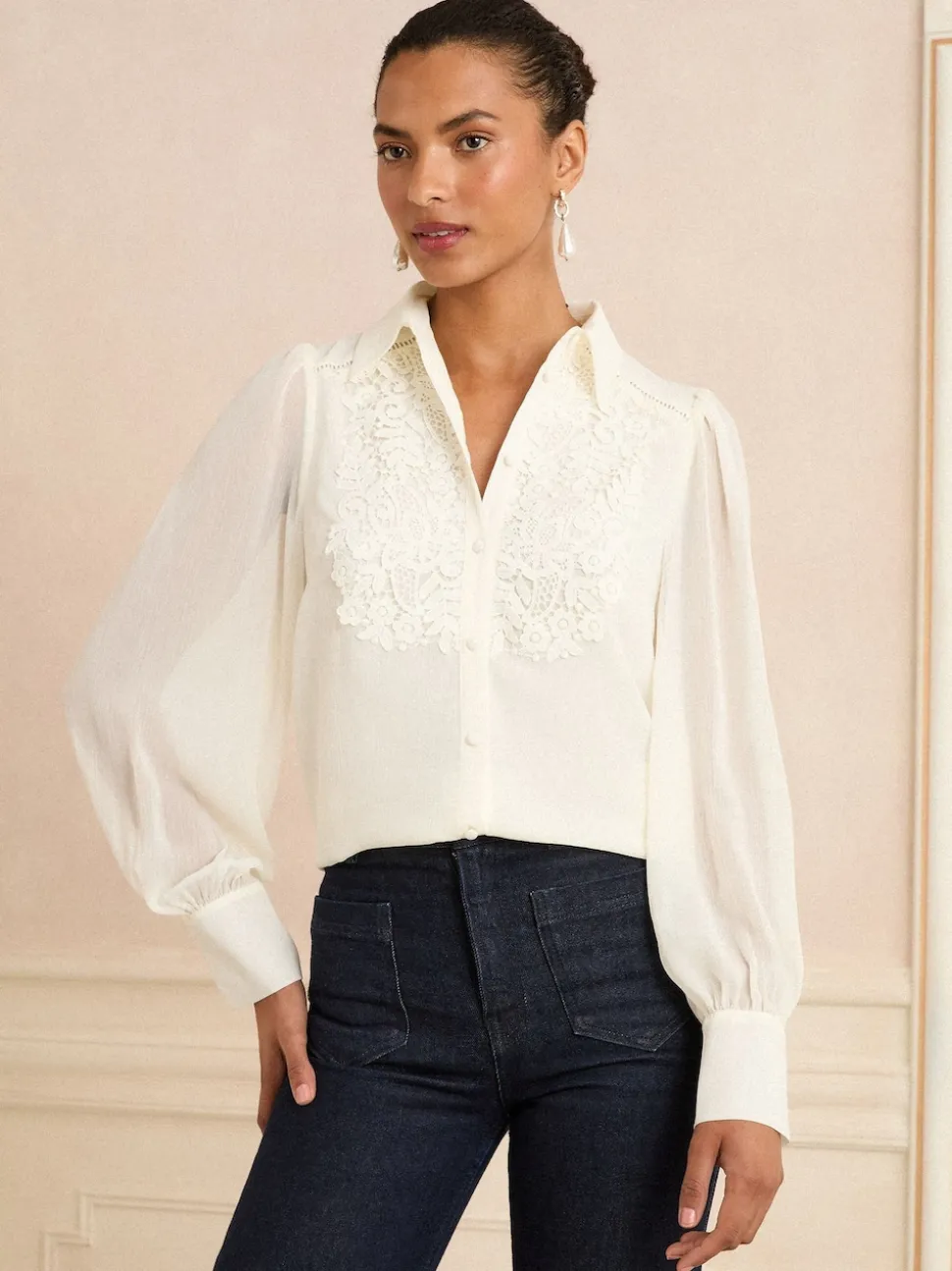 Love & Roses White Ecru Lace Centre Long Sleeve Shirt