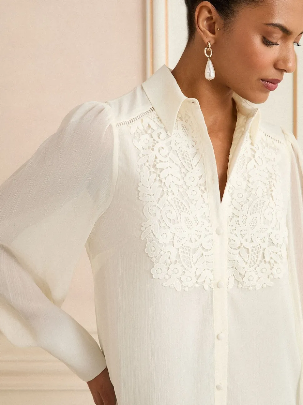 Love & Roses White Ecru Lace Centre Long Sleeve Shirt