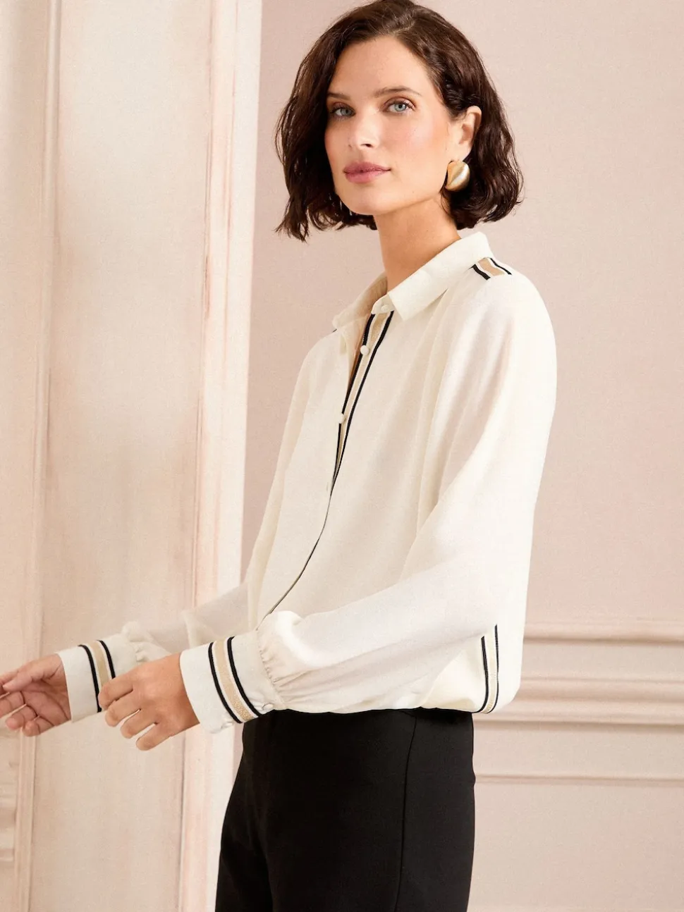 Love & Roses White Ecru Metallic Button Through Long Sleeve Shirt